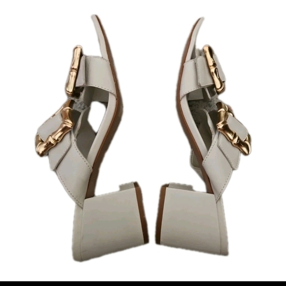 Schutz Womens Ivory Enola Mid Block Sandal With Gold Buckle 10 - Picture 10 of 14